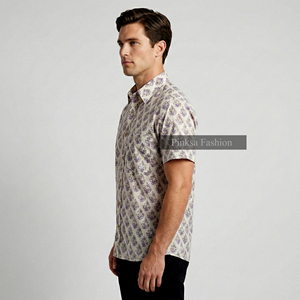 Chemise à manches courtes pour homme en coton 100% Sanganeri, imprimé à la main, motif floral violet, vêtements décontractés, vente en gros - Product Image 3