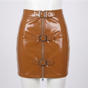 Jupe crayon mini en cuir PU pour femme, taille haute, avec fermeture éclair et boucles, style club sexy, couleur unie, toutes saisons - Product Image 1