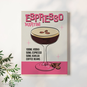 Décoration de cuisine moderne Pop Art, affiche de cocktail, impression de recette d'espresso martini, art sur toile rose et noir - Product Image 1