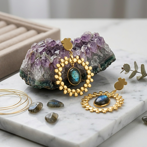 Natural Labradorite Geometric Bohemian Wedding <b>Dangle</b> <b>Earrings</b> Handmade 18K <b>Gold</b> Plated Oval Gemstone Disc Drop <b>Earrings</b> for - Product Image 1