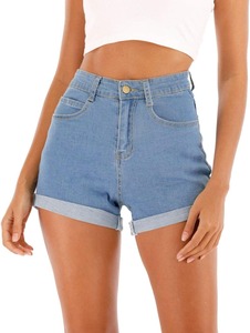 Women's <b>High</b> <b>Waist</b> Denim <b>Shorts</b> With Five Pockets Button Fly Stonewashed Light Blue Casual Style - Product Image 2