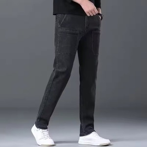 Jean décontracté extensible pour homme, coupe droite, taille mi-haute, coupe régulière, 100 % coton, délavage vieilli, noir automne, Europe-Amérique, transfrontalier - Product Image 3