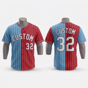 Maillot de baseball personnalisé pour homme, rayé rouge et bleu, sublimé, manches courtes, respirant, coupe classique, adulte, toutes saisons - Product Image 1