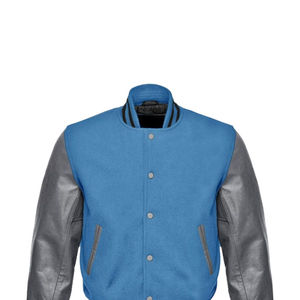 Men's Blue Varsity Jacket With Gray Leather Sleeves Stand Collar Casual Autumn Wear - Product Image 1