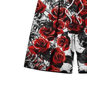Shorts pour hommes personnalisés à imprimé rose et crâne, motif gothique squelette floral intégral, avec cordon de serrage, décontractés, pour l'été et la plage - Product Image 4