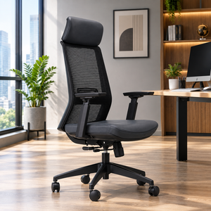 Chaise de bureau ergonomique en maille avec accoudoirs réglables, dossier ouvert, design pivotant, appui-tête intégré, style contemporain - Product Image 1