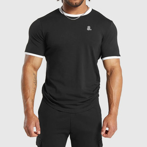 T-shirt noir à manches courtes pour homme, col rond, bordure contrastante, non tissé, respirant, séchage rapide, coton/fibre de bambou, couleur unie, décontracté - Product Image 1