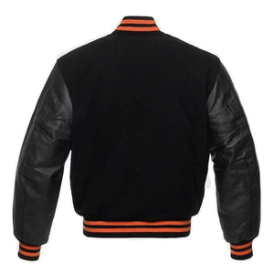 Vestes de baseball pour hommes en laine et cuir noir avec doublure orange, style bomber, vente en gros - Product Image 2
