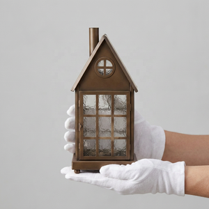 Wholesale Trending Style Home Decorative <b>Copper</b> Antique Metal House Shape Candle Holder <b>Lantern</b> with Frost Glass - Product Image 3