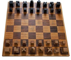 Jeu d'échecs en bois minimaliste de luxe, fabriqué à la main, design géométrique moderne Bauhaus, jeux de société, art en bois personnalisé, ensemble d'échecs décoratif en bois - Product Image 1
