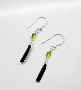 Handmade 925 Sterling Silver Black <b>Tourmaline</b> & Peridot Drop Dangle <b>Earrings</b> Minimalist Modern Artisan Jewelry - Product Image 3