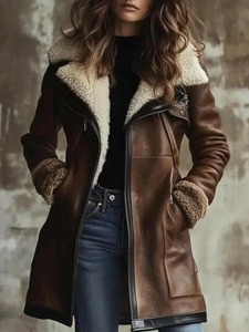 Chaqueta de piel de oveja para mujer, abrigo de piel de oveja marrón con cuello de piel, estilo aviador para invierno - Product Image 1