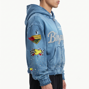 Sweat à capuche vintage délavé avec fermeture éclair ornée de strass, en molleton de coton épais 400 GSM, style Y2K vieilli, streetwear, mode urbaine homme, personnalisable OEM - Product Image 3
