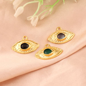 Componentes de joyería de latón macizo: Eslabones de pulsera con forma de ojo texturizados martillados en oro y ónix verde, y eslabones de pulsera con piedra ovalada. Ideales para regalos. - Product Image 2
