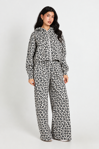 Ensemble de survêtement deux pièces pour femme, imprimé léopard blanc et noir, avec sweat-shirt à capuche zippé et pantalon large, tenue décontractée - Product Image 3