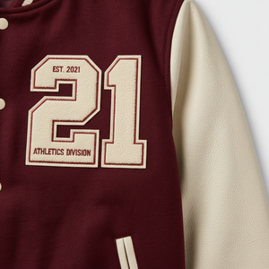 <b>Men's</b> Maroon Varsity <b>Jacket</b> <b>Cream</b> PU Leather Sleeves Embroidered Classics 21 Patch Design Letterman Bomber <b>Jacket</b> Preppy Style - Product Image 5