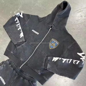 Personalizado de los hombres Zip Hoodie Jogger Set Vintage Washed recortado pantalones de chándal desgastado apilado pantalones de chándal de impresión de pantalla sudaderas con capucha de sudor - Product Image 1