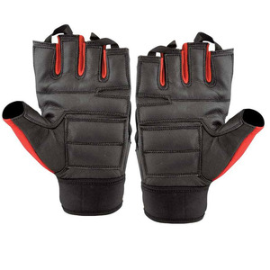 <b>Half</b> Finger Fitness Gloves Leather Weight Lifting Gym Workout Anti <b>Slip</b> Adjustable Wrist Strap Unisex Black Red - Product Image 3
