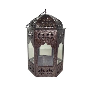 <b>Moroccan</b> Hexagon Metal <b>Moroccan</b> <b>Lantern</b> With Glass Panels And Decorative Cut Outs For Home Decoration - Product Image 1