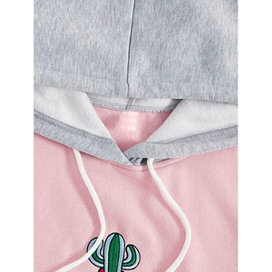 เสื้อฮู้ดสีบล็อกแบบสั่งทำ OEM ลายปักกระบองเพชร ทรงโอเวอร์ไซส์ สวมใส่สบายได้ทั้งชายและหญิง เหมาะสำหรับฤดูใบไม้ร่วง ทรงปกติ ผ้าถัก - Product Image 4