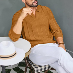 Suéter Polo de Punto para Hombre, Manga Larga, Color Sólido, Otoño, Casual, Manga Completa, Naranja Marrón - Product Image 5