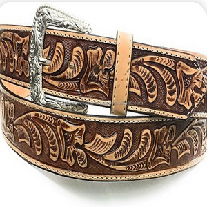 Cinturón occidental de cuero tallado a mano con hebilla de latón FLORAL, elegante, diseño único - Product Image 5