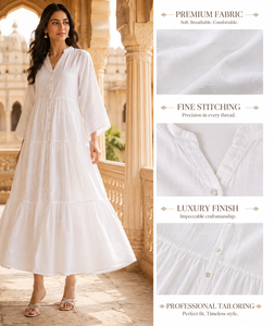Premium 100% Cotton Women's Tiered Maxi <b>Dress</b> Simple Solid Modern Boho V-Neck Button-Front Eco-Friendly Fit Flare Silhouette - Product Image 4