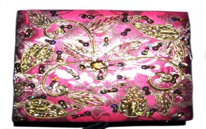 Handmade Eco-Friendly Textile Square Jewelry Box Pink Velvet Lining White Beaded Necklace Display Designer Brass Inlay Home - Product Image 2