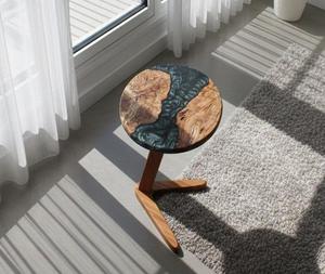 Mesa de Centro Redonda para Sala de Estar con Diseño de Borde Redondeado Tipo Cono, Mesa Auxiliar de Resina con Incrustaciones de Madera, Mesa Auxiliar de Estilo Artesanal Natural - Product Image 2