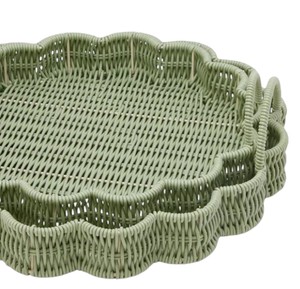 Decorative Green PE Rattan Tray with Handles Round Scalloped Design Handwoven Storage <b>Basket</b> for Home Kitchen <b>Coffee</b> <b>Table</b> Use - Product Image 2