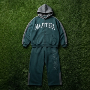 Conjunto de Sudadera con Capucha Verde Oscuro Personalizada con Cierre y Pantalones Deportivos Anchos, Chándal Gráfico Extra Grande para Hombre - Product Image 5