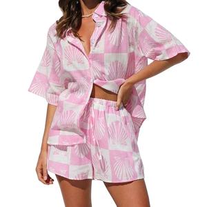 Conjunto de dos piezas de verano para mujer, compuesto por una blusa ligera y transpirable de lino de manga corta y pantalones anchos. - Product Image 1