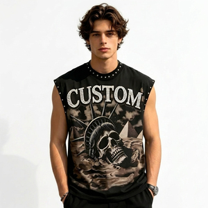 Custom Summer ODM Oversized <b>Rhinestone</b> Tank <b>Top</b> 100% Cotton Soft Breathable Graphic Print Sleeveless Front Logo Unisex Tee - Product Image 3