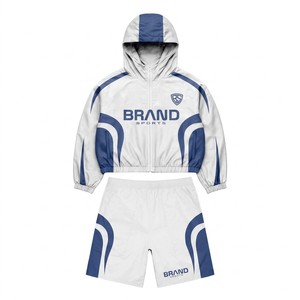 Premium 120 GSM Lightweight Nylon Women Windbreaker Short Set <b>White</b> Blue Breathable Hooded Design Custom Print Logo Activewear - Product Image 1
