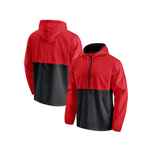 Red <b>Black</b> Color Blocked Hooded Soft Shell Jacket Quarter-Zip Water Resistant <b>Windbreaker</b> with Logo Front Pocket Adult Unisex - Product Image 1