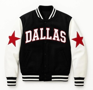 Chaqueta Varsity Personalizada Estilo Dallas, Lana Negra y Mangas de Cuero Blanco - Product Image 1