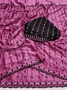 Sari en polyester rose avec broderie noire et paillettes pour femmes, tenue traditionnelle indienne pour mariage - Product Image 4