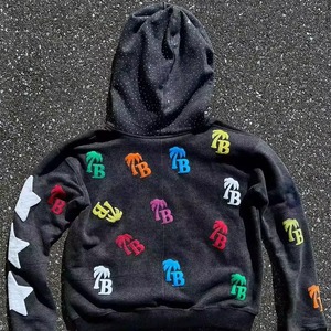 Custom Rhinestone <b>Cropped</b> <b>Zip</b> <b>Up</b> Hoodie Washed 100% Cotton Screen Print Hip Hop Style Hoodie For Men OEM Wholesale - Product Image 2