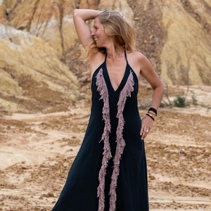 Vestido Largo sin Espalda de Algodón Crudo Estilo Bohemio Hippie Inspirado en Festivales para Mujer, Cómodo y con Toque Natural - Product Image 1