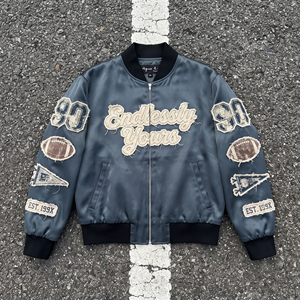 Blouson Bomber Vintage Homme avec Broderie Personnalisée, Boutons Corne, en Satin, Style Universitaire Hiver, 100% Soie, Style Moto & Biker - Product Image 1