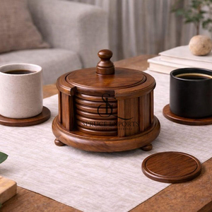 Luxury Round Shape Sheesham Wooden Coaster Set With <b>Box</b> Lid Holder. High Quality Antique Style Drink Mats For <b>Coffee</b> <b>Tables</b> - Product Image 1