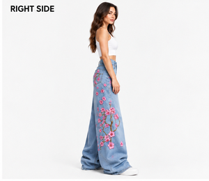 Women's High Waist Wide Leg Denim <b>Jeans</b> With Hand Embroidery <b>Floral</b> Print Casual Loose Fit Full Length Spring Style From India - Product Image 1