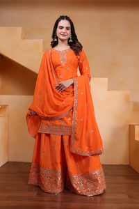 Vichitra Blooming <b>Sequin</b> Embroidered Top With <b>Flared</b> Palazzo And Dupatta Women Three Piece Festive Salwar Suit Set - Product Image 4
