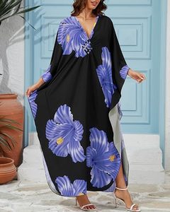 Robe maxi kaftan à imprimé floral à col en V et manches longues, coupe ample, respirante, tenue décontractée d'été, noire avec des fleurs bleues - Product Image 6
