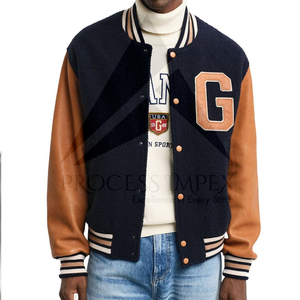 Chaqueta Varsity Azul Marino y Marrón para Hombre con Logotipo G Bordado, Cierre de Botones, Estilo Preppy, Ropa de Otoño - Product Image 4