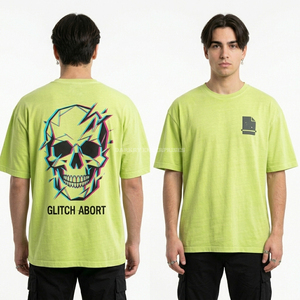 T-shirt Glitch Abort du fabricant, 300 GSM, vert lime fluo, motif crâne numérique, pour homme, streetwear, coton épais, fournisseur - Product Image 1