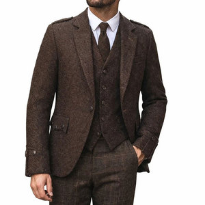 Ventoria Enterprises Men's <b>Brown</b> <b>Tweed</b> Argyle Kilt <b>Jacket</b> with Vest for Winter Scottish Wedding 220g Woolen Fabric - Product Image 1