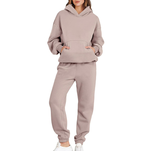 Women Hooded Tracksuit Cotton Fleece Loose Fit Solid Color Casual <b>Jogger</b> <b>Set</b> With Side Pockets Autumn Wear - Product Image 1