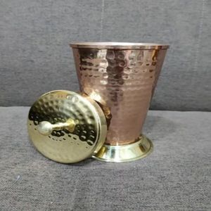 Hammered Copper Tumbler Brass Lid Drinking Mug Copper <b>Cup</b> with Lid for Home Gift Use - Indian Home Crafts - Product Image 3