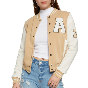 Veste universitaire unisexe avec broderie de la lettre A, couleur beige et blanche, style preppy, coupe classique, col rabattu, fermeture à boutons - Product Image 1